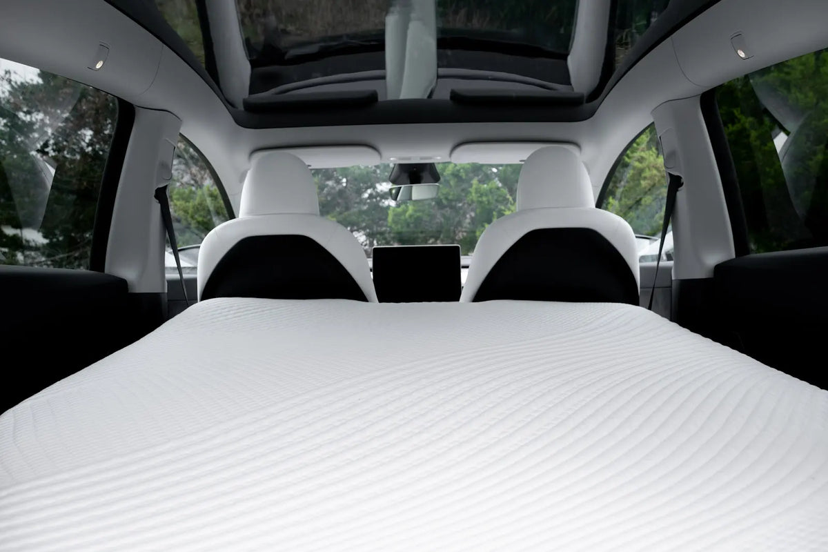 Fully installed Snuuzu mattress inside a Tesla Model Y