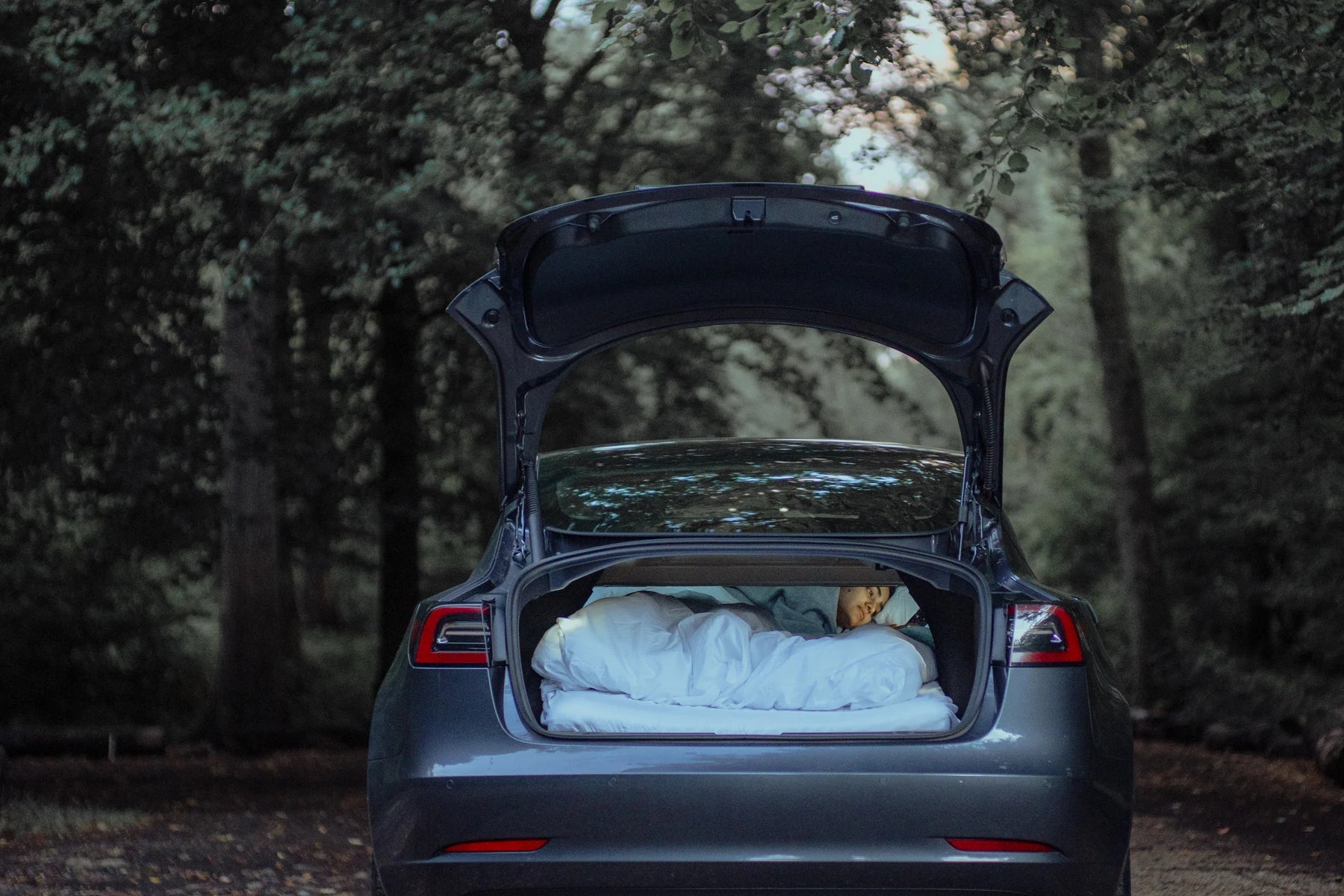 Camper lying in a Tesla Model 3 bed at a wooded overnight stop
